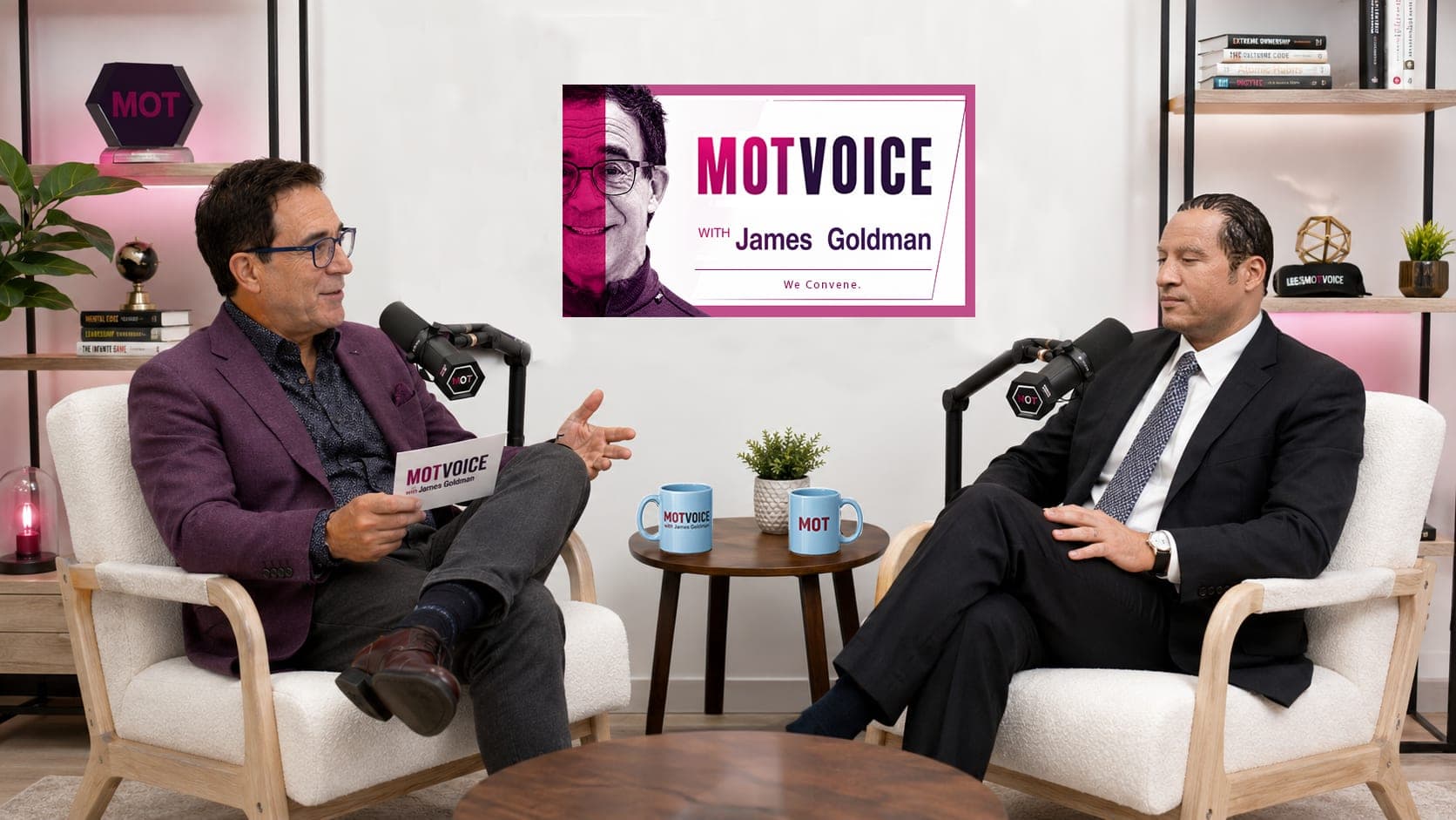 MOTVOICE podcast episodes — illustrated layout with blue cups